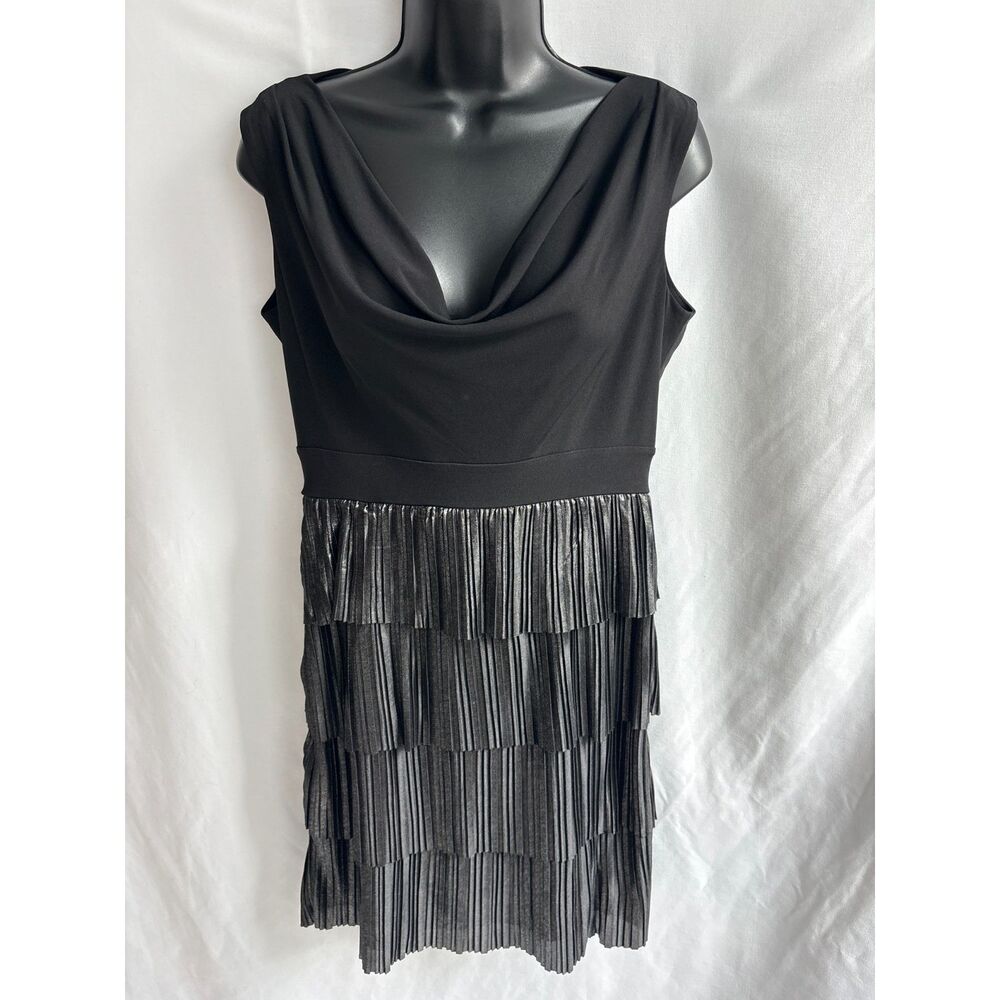Julia Jordan Formal Cowl Neck Black Mini Dress Tiered Size L Event Guest Pleated